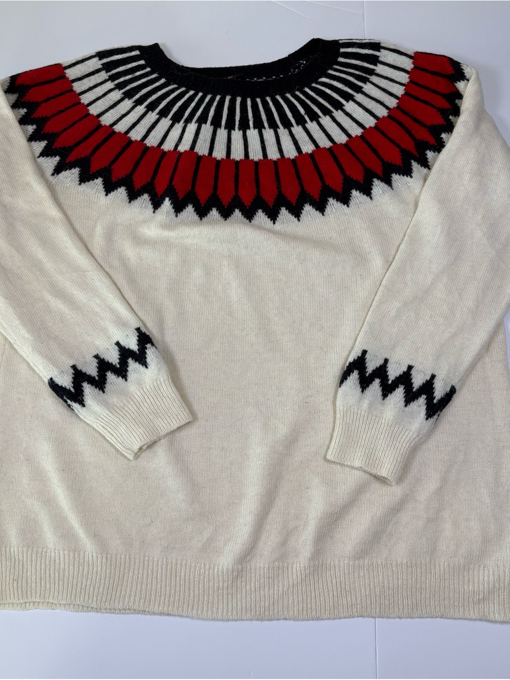 Talbots Ivory Crewneck Sweater with Red and Black Yoke